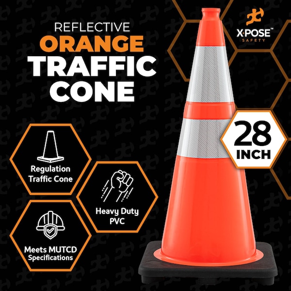 Xpose Safety Traffic Safety Cone, PVC, 28 in Height, 14 in Length, Orange - OTC28-64-48-X