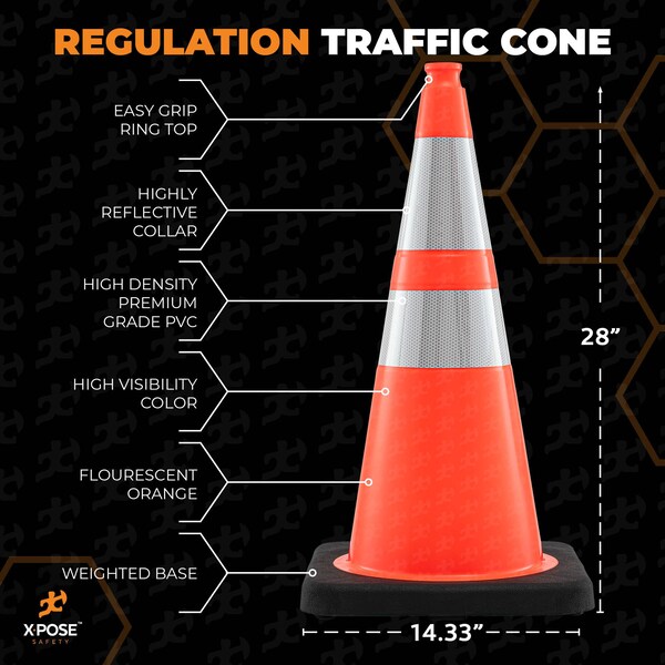 Xpose Safety Traffic Safety Cone, PVC, 28 in Height, 14 in Length, Orange - OTC28-64-10L-12-X