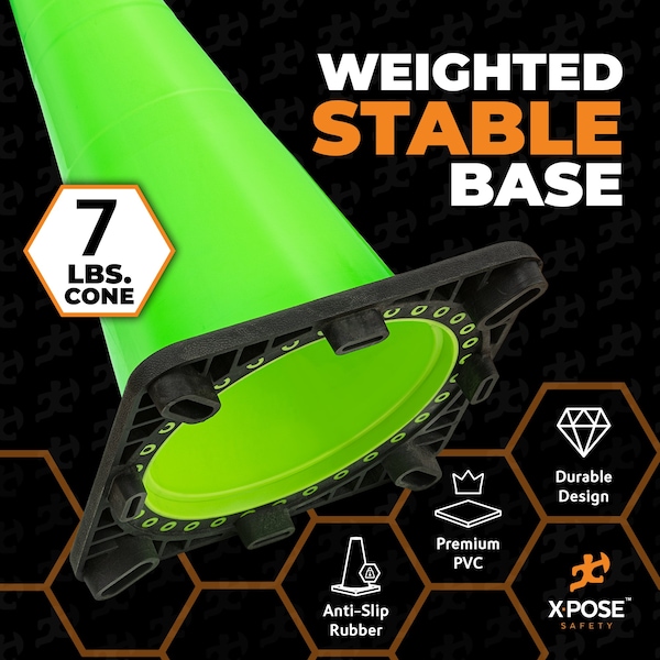 Xpose Safety Traffic Safety Cone, PVC, 28 in Height, 14 in Length, Lime Green - LTC28-8-X