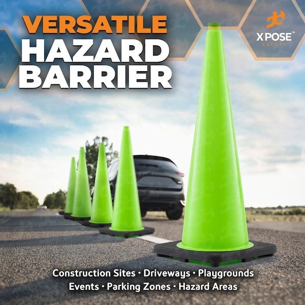 Xpose Safety Traffic Safety Cone, PVC, 36 in Height, 15 in Length, Lime Green - LTC36-24-X