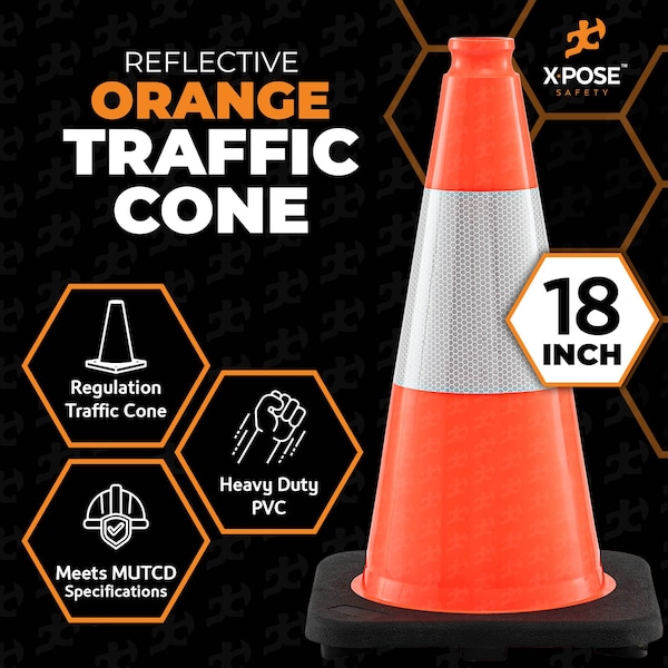 Xpose Safety Traffic Cone, PVC, 18" Height, Orange - OTC18-6-12-X-S