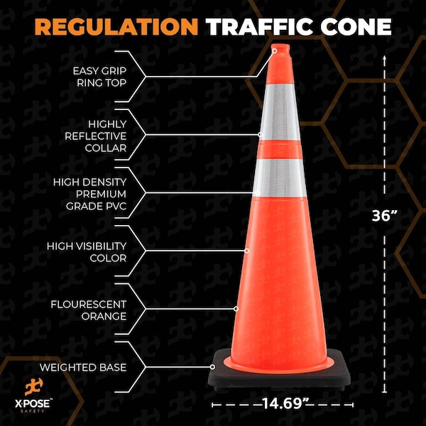 Xpose Safety Traffic Cone, PVC, 36" Height, Orange - OTC36-64-1-X