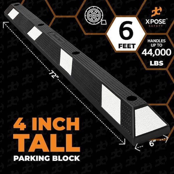 Xpose Safety Parking Block Curb Stop, 72 Heavy Duty Parking Stop White Reflective Strip 1-PK - PBSW-6-X