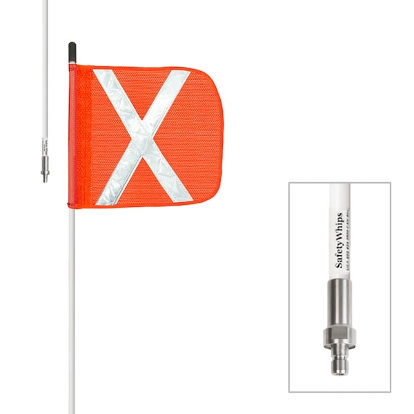 Safetywhips Warning Whip Heavy Duty Whip with Flag, White Whip, Orange Flag, White Reflective X, 60 Length - SW05QDNP-SXW