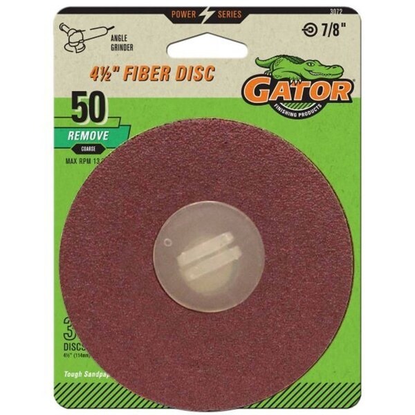 Gator Fiber Disc, 4-1/2 in Dia, 50 Grit, Coarse, Aluminum Oxide Abrasive, Fiber Backing - 3072