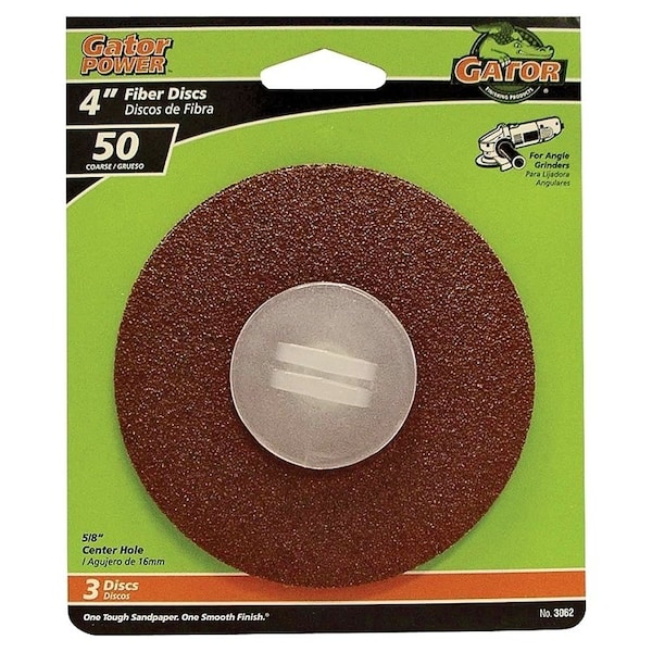Gator Fiber Disc, 4 in Dia, 50 Grit, Coarse, Aluminum Oxide Abrasive, Fiber Backing - 3062