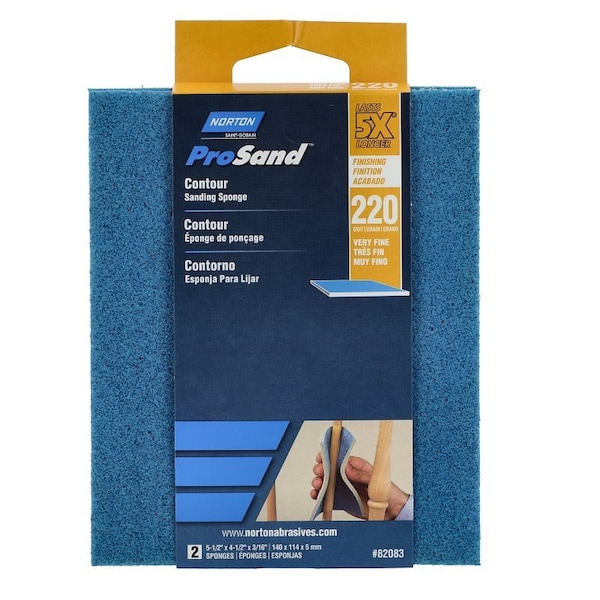 Norton Co ProSand Sanding Sponge, 512 in L, 412 in W, 220 Grit, Very Fine, Aluminum Oxide Abrasive - 82083