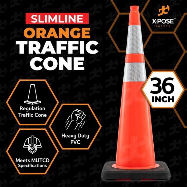 Xpose Safety 36 In Orange Slim Line Traffic Cones with 6 & 4 Collars, 1-PK - OTC36SL-64-1-X