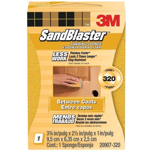 Scotch Sanding Sponge, 3-3/4 in L, 2-5/8 in W, 320 Grit, Fine, Aluminum Oxide Abrasive - 20907-320