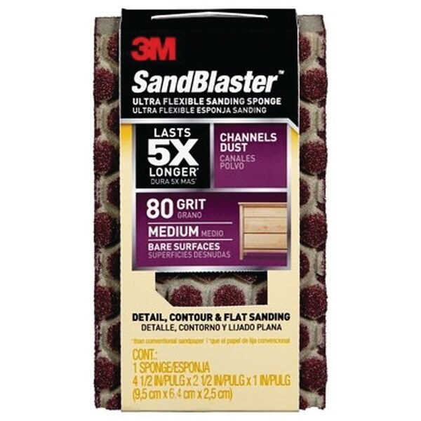 Scotch Sanding Sponge, 4-1/2 in L, 2-1/2 in W, 80 Grit, Medium, Aluminum Oxide Abrasive - 20908-80-UFS