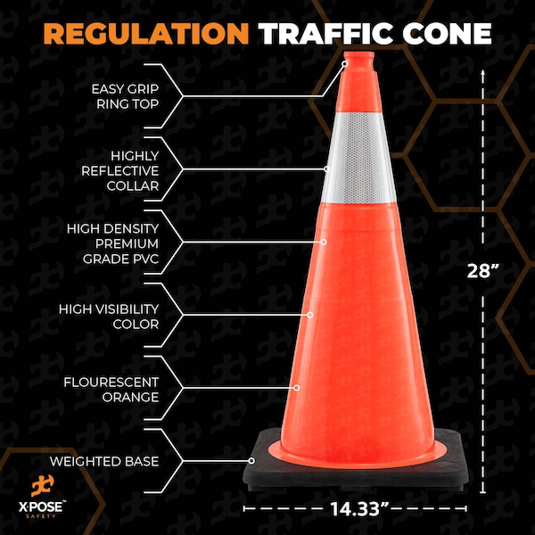 Xpose Safety Traffic Cone, PVC, 28" Height, Orange - OTC28-6-24-X
