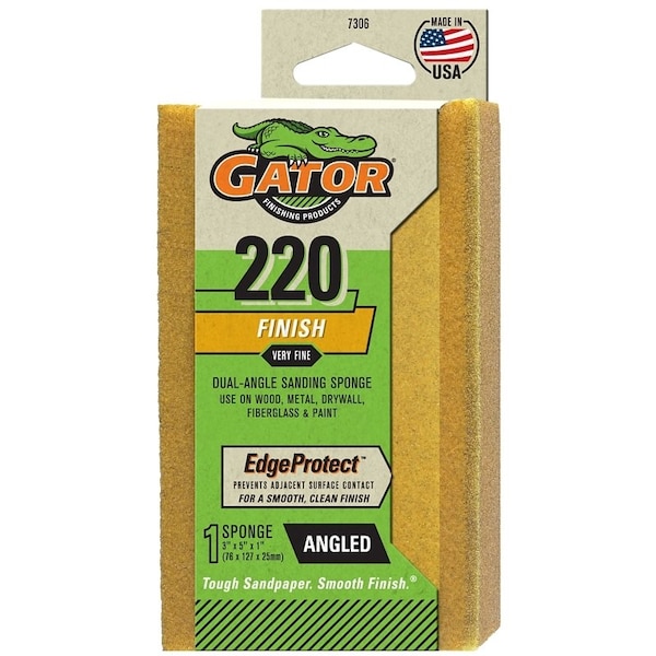 Gator Sanding Sponge, 5 in L, 3 in W, 220 Grit, Extra Fine, Aluminum Oxide Abrasive - 7306
