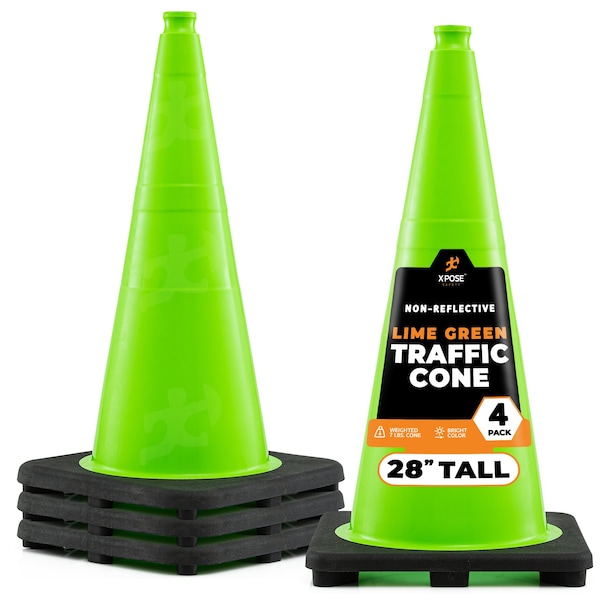 Xpose Safety Traffic Safety Cone, PVC, 28 in Height, 14 in Length, Lime Green - LTC28-4-X-S