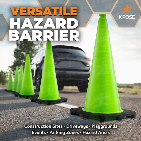 Xpose Safety Traffic Safety Cone, PVC, 28 in Height, 14 in Length, Lime Green - LTC28-4-X-S