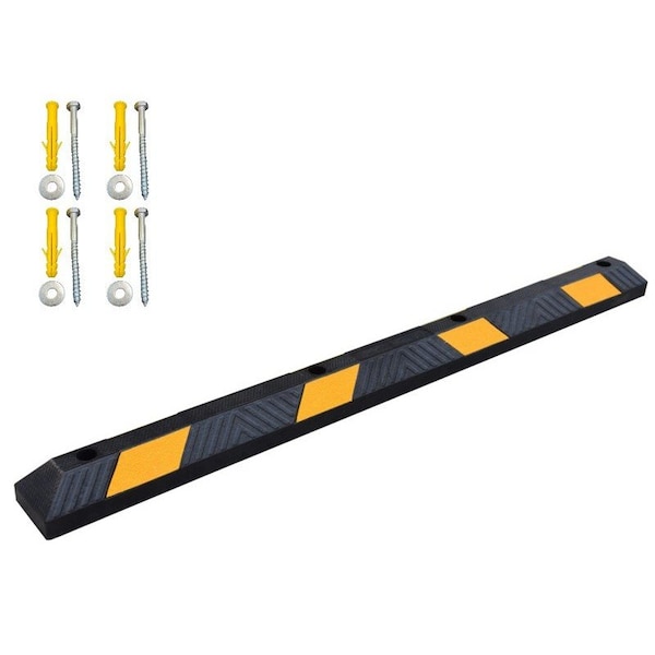 Traffic Kontrol Parking Wheel Stop Kit, 6ft Long, Black With Yellow Stripes, Recycled Rubber, Lag Bolt Hardware - TK-PS-6-BKYW-B-KIT