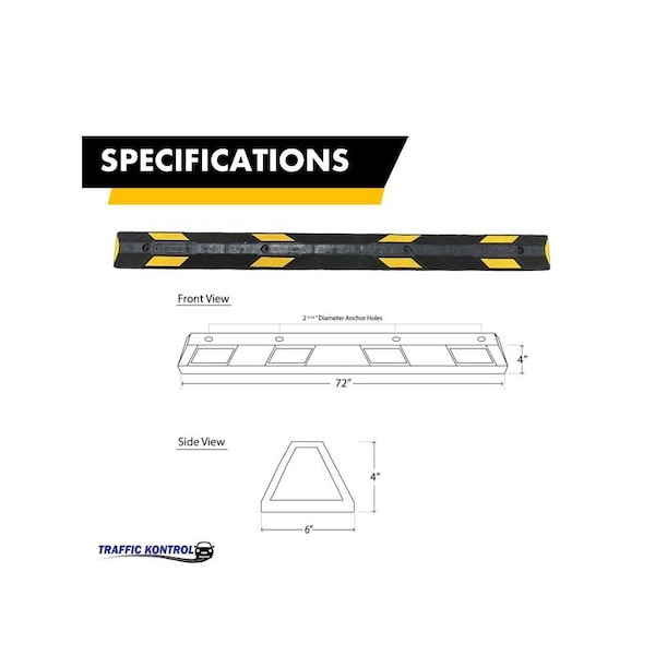 Traffic Kontrol Parking Wheel Stop Kit, 6ft Long, Black With Yellow Stripes, Recycled Rubber, Lag Bolt Hardware - TK-PS-6-BKYW-B-KIT