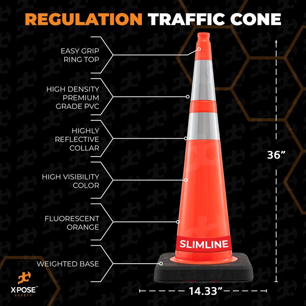 Xpose Safety Traffic Safety Cone, PVC, 36 in Height, 15 in Length, Orange - OTC36SL-64-12L-HP125-X
