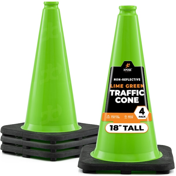 Xpose Safety Traffic Safety Cone, PVC, 18 in Height, 11 in Length, Lime Green - LTC18-4-X-S