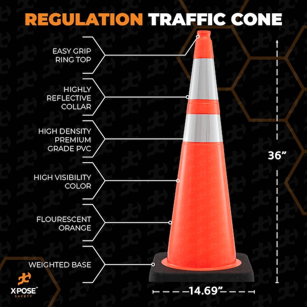 Xpose Safety Traffic Safety Cone, PVC, 36 in Height, 15 in Length, Orange - OTC36-64-12L-HP150-X