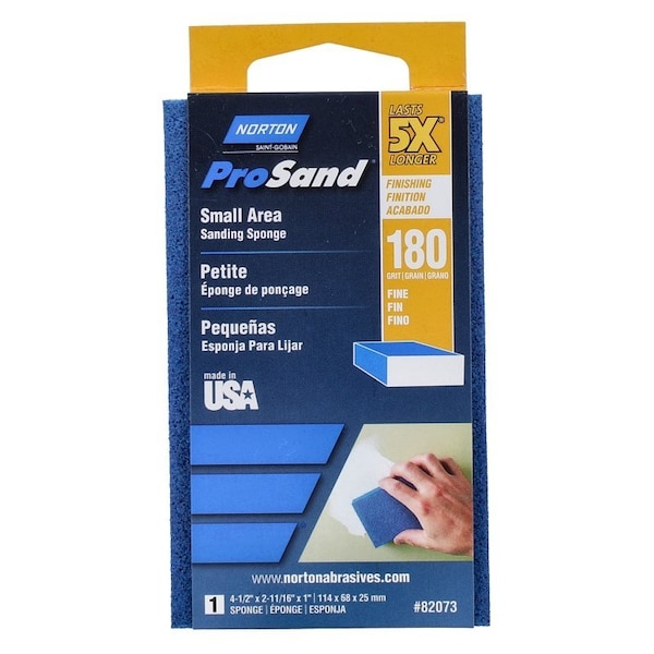 Norton Co ProSand Sanding Sponge, 412 in L, 21116 in W, 180 Grit, Very Fine, Aluminum Oxide Abrasive - 82073