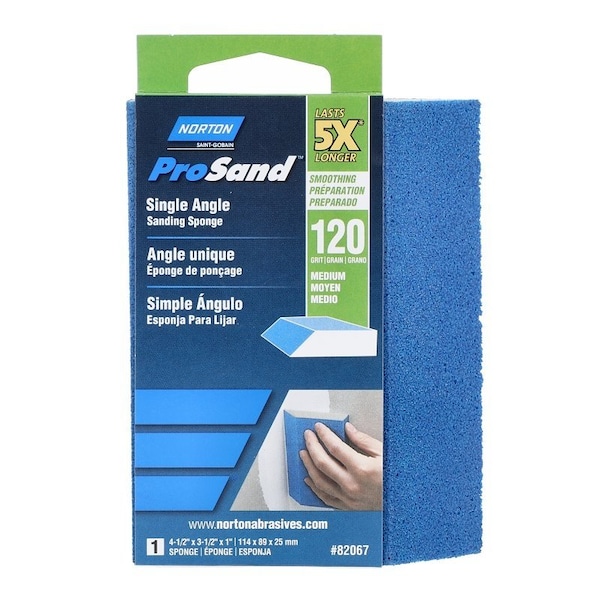 Norton Co ProSand Sanding Sponge, 412 in L, 312 in W, 120 Grit, Medium, Aluminum Oxide Abrasive - 82067