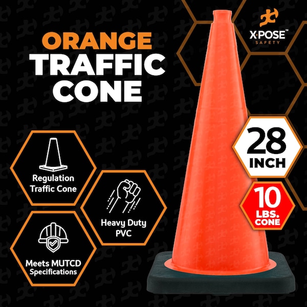 Xpose Safety Traffic Safety Cone, PVC, 28 in Height, 14 in Length, Orange - OTC28-10L-6-X-S