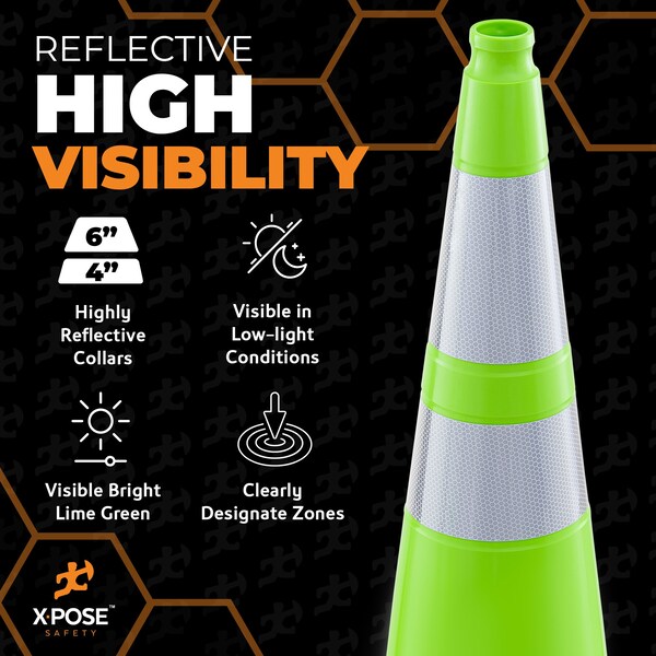 Xpose Safety Traffic Safety Cone, PVC, 36 in Height, 15 in Length, Lime Green - LTC36-64-8-X