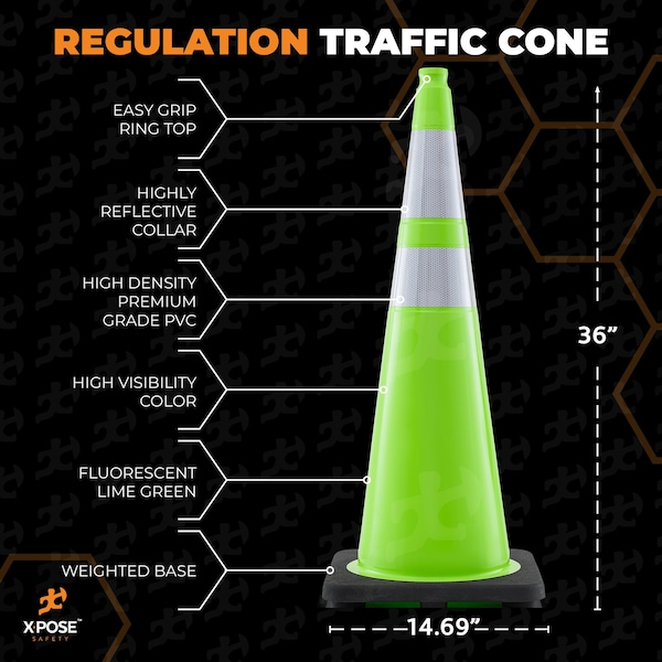 Xpose Safety Traffic Safety Cone, PVC, 36 in Height, 15 in Length, Lime Green - LTC36-64-8-X