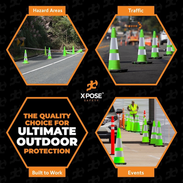 Xpose Safety Traffic Safety Cone, PVC, 36 in Height, 15 in Length, Lime Green - LTC36-64-8-X