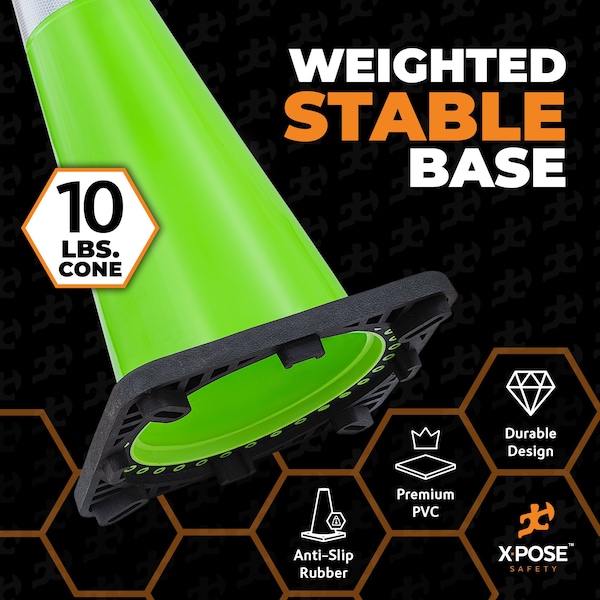 Xpose Safety Traffic Safety Cone, PVC, 36 in Height, 15 in Length, Lime Green - LTC36-64-8-X