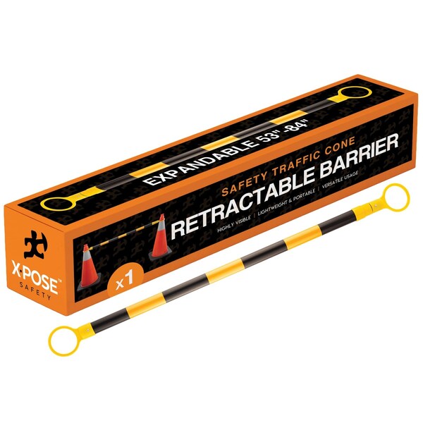 Xpose Safety Retractable Barrier for Traffic Cones Black/Yellow 53in to 84in - CBY53/84-1-X