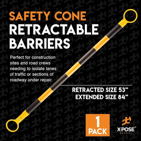 Xpose Safety Retractable Barrier for Traffic Cones Black/Yellow 53in to 84in - CBY53/84-1-X