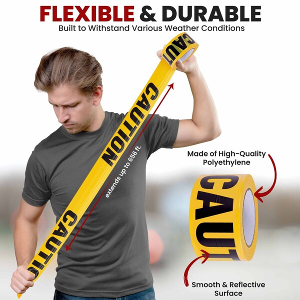 Pyle Caution Tape Set, Caution, Yellow, 3 in Wide x 656 ft Length, Polyethylene, 0.0012 inches per roll - PCNTX4