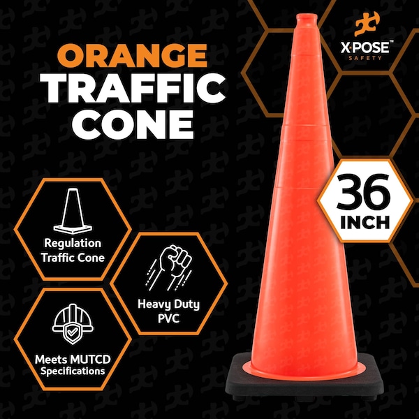 Xpose Safety Traffic Safety Cone, PVC, 36 in Height, 15 in Length, Orange - OTC36-8-X
