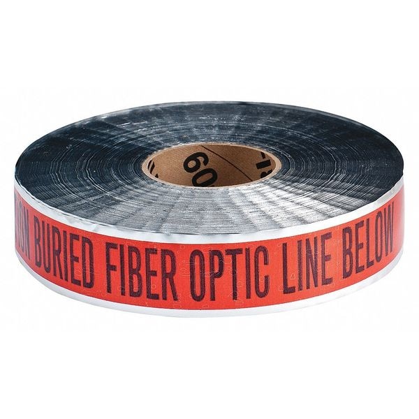 Zoro Select Underground Marking Tape, Caution Buried Fiber Optic Line Below, Orange, 2 in Wide x Aluminum - 91606