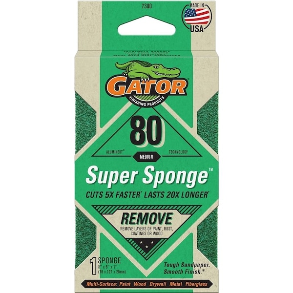 Gator Sanding Sponge, 5 in L, 3 in W, 80 Grit, Coarse, Aluminum Oxide Abrasive - 7300