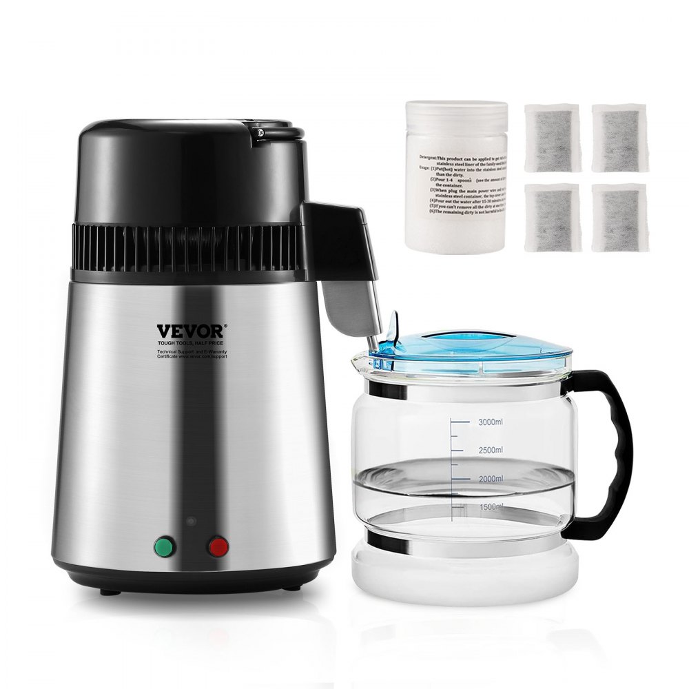 VEVOR Water Distiller, 4L 1.05 Gallon Pure Water Purifier Filter For Home Countertop, 750W Distilled Water Maker, Stainless Steel Interior Distiller Water Making Machine to Make Clean Water, Silvery - BXGZLSJYS4LD2TK5LV1