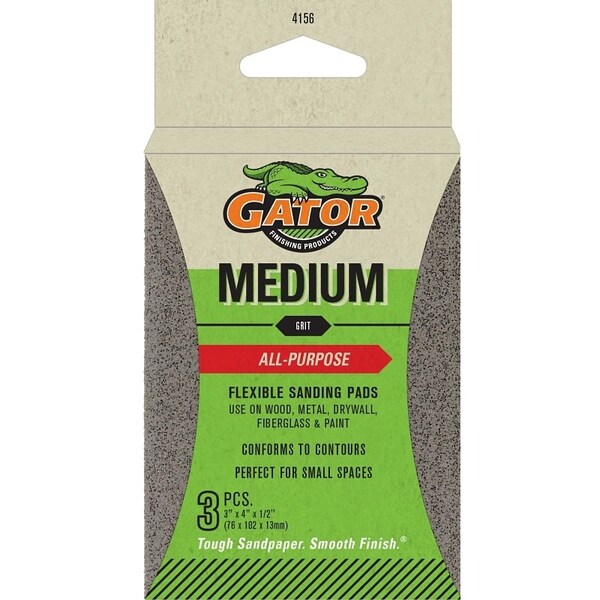 Gator Sanding Pad, 4 in L, 3 in W, 100 Grit, Medium, Aluminum Oxide Abrasive - 4156
