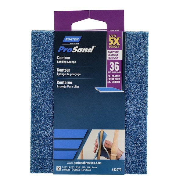 Norton Co ProSand Sanding Sponge, 512 in L, 412 in W, 36 Grit, Extra Coarse, Aluminum Oxide Abrasive - 82079