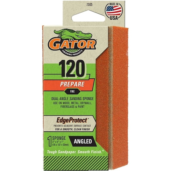 Gator Sanding Sponge, 5 in L, 3 in W, 120 Grit, Fine, Aluminum Oxide Abrasive - 7305