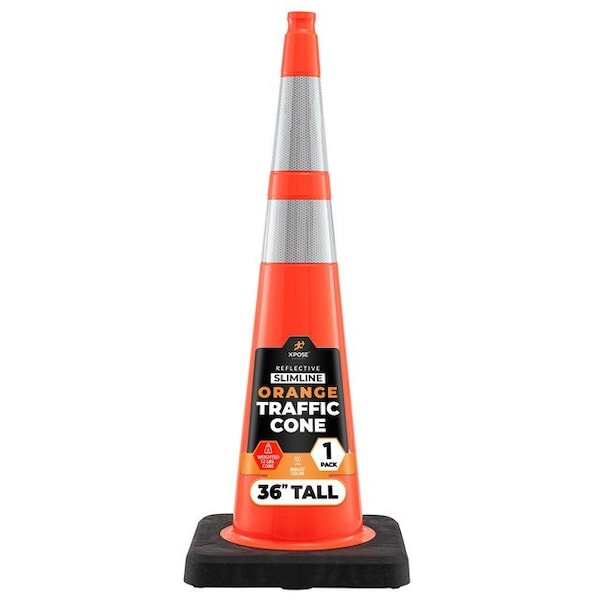 Xpose Safety 36 In Orange Slim Line Traffic Cones Heavy Duty 12lb with 6 & 4 Collars, 1-PK - OTC36SL-64-12L-1-X
