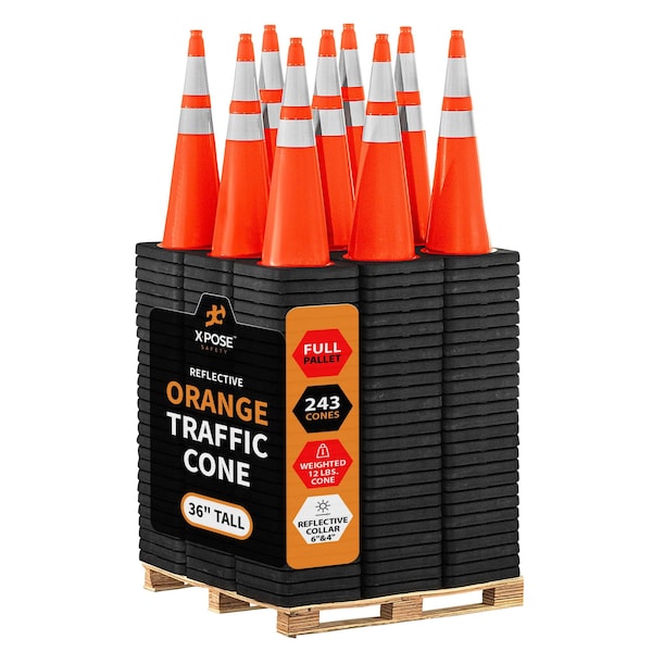 Xpose Safety Traffic Safety Cone, PVC, 36 in Height, 15 in Length, Orange - OTC36-64-12L-FP243-X
