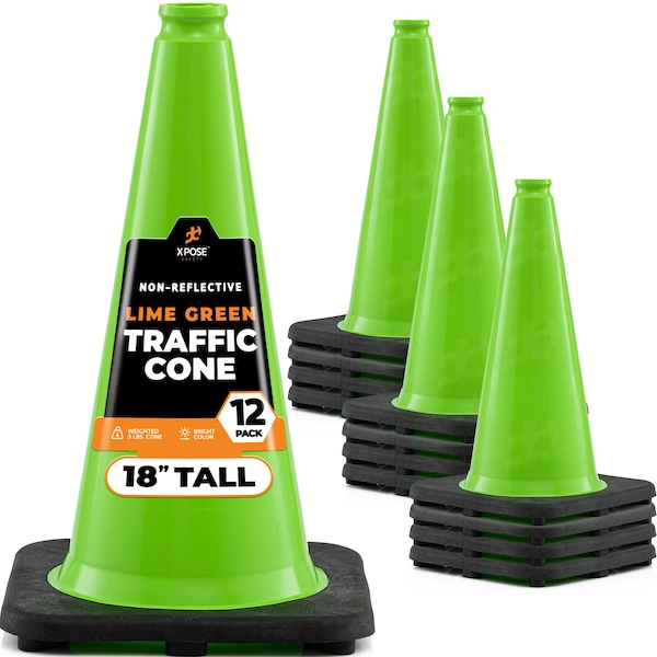 Xpose Safety Traffic Safety Cone, PVC, 18 in Height, 11 in Length, Lime Green - LTC18-12-X-S