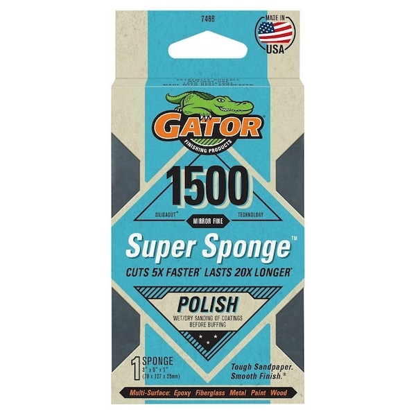 Gator Sanding Sponge, 5 in L, 3 in W, 1500 Grit, Mirror Fine, Silicon Carbide Abrasive - 7466