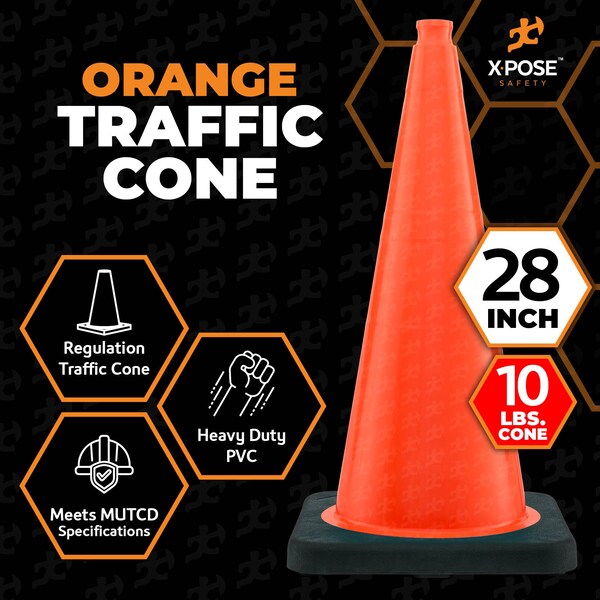 Xpose Safety Traffic Safety Cone, PVC, 28 in Height, 14 in Length, Orange - OTC28-10L-HP150-X