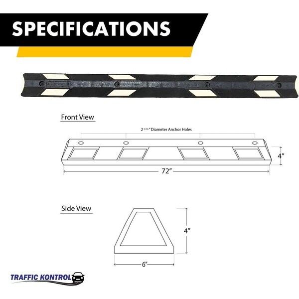 Traffic Kontrol Parking Wheel Stop, 6ft Long, Black With White stripes, Recycled Rubber - TK-PS-6-BKWH