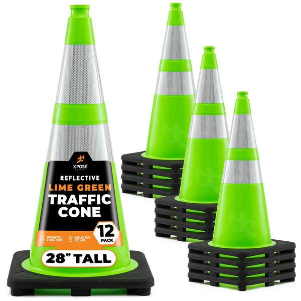 Xpose Safety Traffic Safety Cone, PVC, 28 in Height, 14 in Length, Lime Green - LTC28-64-12-X