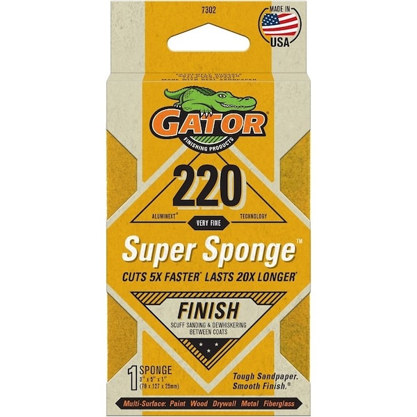 Gator Sanding Sponge, 5 in L, 3 in W, 220 Grit, Aluminum Oxide Abrasive - 7302
