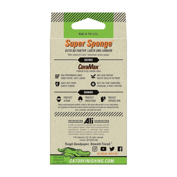 Gator Finishing Drywall CeraMax Sandpaper Super Sponge, 220 Very Fine Grit - 7446