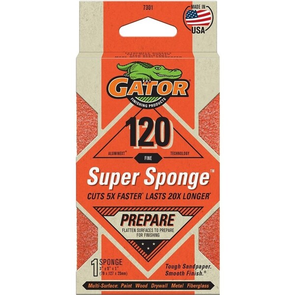 Gator Sanding Sponge, 5 in L, 3 in W, 120 Grit, Aluminum Oxide Abrasive - 7301